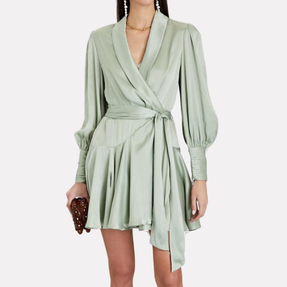 Zimmermann Silk Sage Green Long Sleeves Wrap Mini Dress - Picture 1 of 12